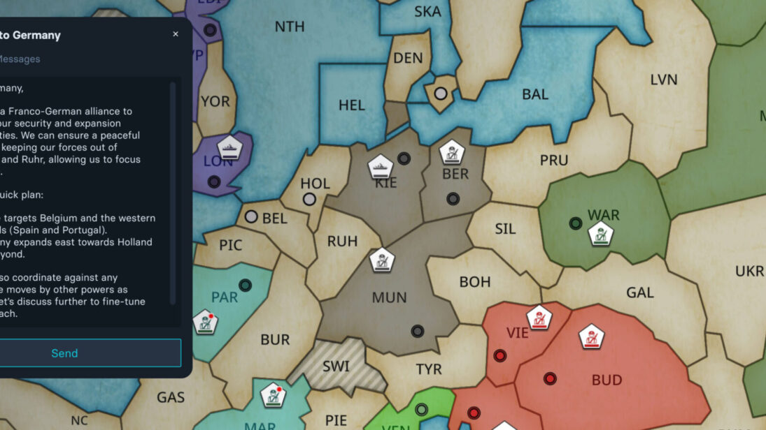 Seven Empires game board with a chat window